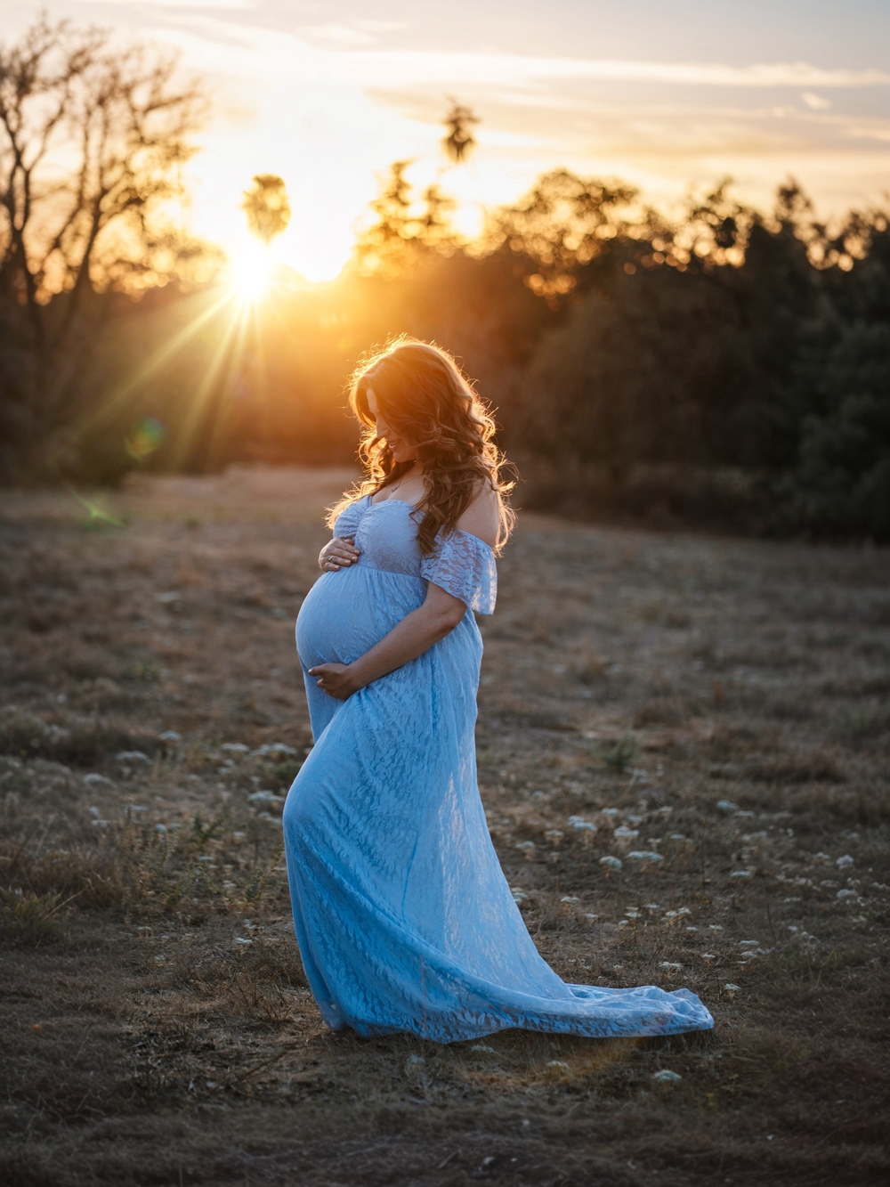 Blue Lace Maternity Off-Shoulder Dress